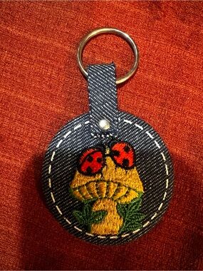Hallmark Denim Keychain with Red Ladybug and Yellow Mushroom Embroidery